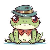 Frosch mit Hut und Bogen binden. süß Karikatur Vektor Illustration.