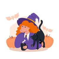 junge Hexe mit roten Haaren und einer schwarzen Katze, die heißen Tee trinkt vektor