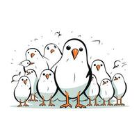 Vektor Illustration von ein Gruppe von Weiß Vögel. Hand gezeichnet Karikatur Stil.