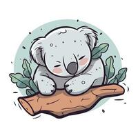 söt koala sovande på en träd gren. vektor illustration.