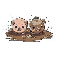 Illustration von ein süß Schwein und Schweinchen im das Schlamm vektor