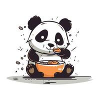 süß Panda Essen von ein Schüssel von Lebensmittel. Vektor Illustration.