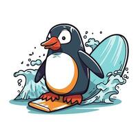 Karikatur Pinguin Surfen auf ein Welle. Vektor Illustration auf Weiß Hintergrund.