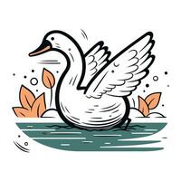 Vektor Illustration von ein Weiß Schwan auf das See. Linie Kunst.