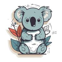 söt tecknad serie koala med löv. hand dragen vektor illustration.