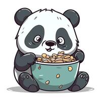 süß Panda Essen von ein Schüssel von Getreide. Vektor Illustration.