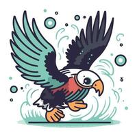 Illustration von ein süß Karikatur Papagei fliegend Über das Wasser. vektor