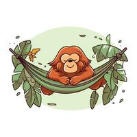 vektor illustration av en söt tecknad serie orangutang Sammanträde i hängmatta och leende.