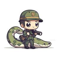 süß wenig Junge im Militär- Uniform mit Schlange. Vektor Illustration.