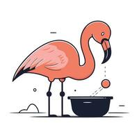 Flamingo mit ein Schüssel von Lebensmittel. Vektor Illustration im eben Stil