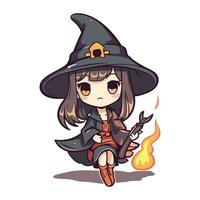 Halloween Hexe mit ein Magie Zauberstab. süß Karikatur Vektor Illustration.