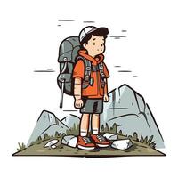 Wanderer Junge mit Rucksack auf das Pfad. Vektor Illustration im Karikatur Stil.