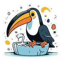 tecknad serie toucan i en skål av vatten. vektor illustration.