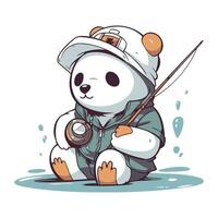 panda i en skyddande kostym med en fiske stång. vektor illustration