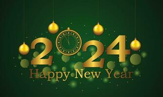 glücklich Neu Jahr 2024. Neu Jahr leuchtenden Hintergrund mit Gold Uhr und funkeln. festlich Banner, Gruß Karte. Vektor Illustration