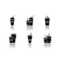 Kaffee zum Mitnehmen Schlagschatten schwarze Glyphe Icons Set vektor