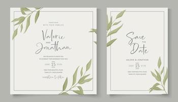 Hochzeitseinladungsschablone mit grünem Blattdesign vektor