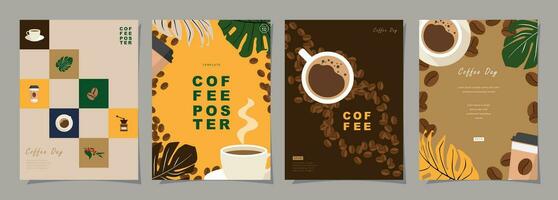 einstellen von skizzieren Banner mit Kaffee Bohnen und Blätter auf bunt Hintergrund zum Poster, Speisekarte, Cafe oder Ein weiterer Vorlage Design. Kaffee Tag. Vektor Illustration.