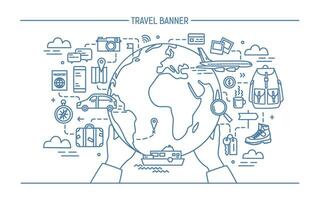 Konzept von Reise und Tourismus. horizontal Werbung Banner mit Erde, Globus, Transport, Dinge notwendig Reisender. Kontur Vektor Illustration im lineart Stil.