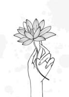 hand innehav lotus blomma. kontur hand dragen illustration. yoga, meditation, uppvaknande symbol. vektor