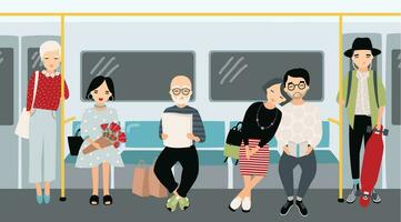 anders Menschen beim U-Bahn. modisch jung Mädchen und Jungs beim unter Tage Zug. horizontal bunt Vektor Illustration im Karikatur Stil.