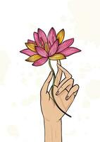 hand innehav lotus blomma. färgrik hand dragen illustration. yoga, meditation, uppvaknande symbol. vektor