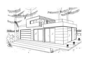 modern privat bostads- hus. hand ritade, kontur, svart och vit skiss illustration. vektor