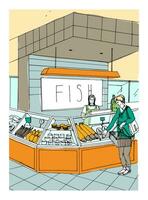 Fisch Abteilung Hand gezeichnet bunt Illustration. Geschäft Innere mit Käufer. vektor