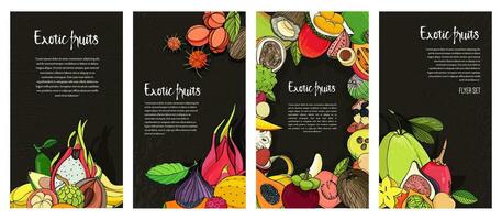 Flyer Sammlung mit exotisch tropisch Früchte. schwarz Vertikale Hintergründe mit Platz zum Text. vektor