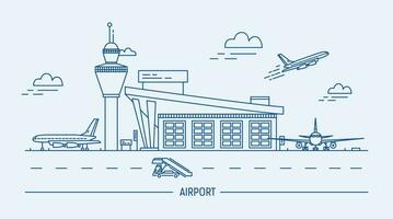 Flughafen, Flugzeug. lineart schwarz und Weiß Vektor Illustration mit Luft Terminal und Flugzeuge.