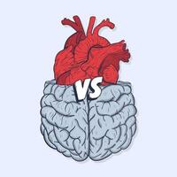 Herz vs. Gehirn. Konzept von Verstand gegen Liebe Streit, schwierig Auswahl. Hand gezeichnet Vektor Illustration.