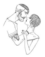 Liebhaber Kuss, Mädchen und Kerl mit stilvoll Frisuren. Paar im Liebe. schwarz und Weiß Hand gezeichnet Illustration. Mode Hipster. vektor