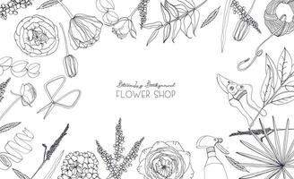 horizontal Hintergrund mit Blumen zum Werbung, Blumen- Geschäft, Salon. Hand gezeichnet einfarbig Komposition mit Platz zum Text. vektor