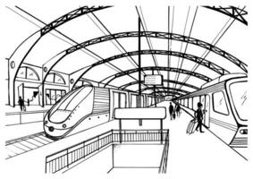 einfarbig skizzieren mit Eisenbahn Bahnhof. schwarz und Weiß Illustration mit modern schnell Züge und Passagiere. Hand gezeichnet Vektor Illustration.
