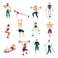 Gym människor uppsättning. ung man och kvinnor engagerad i sport. annorlunda övningar samling i platt stil. vektor illustration.