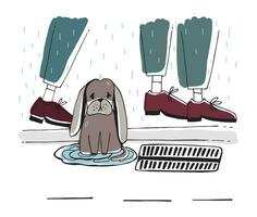 das streunend Hund beim Straße. obdachlos Hündchen mit traurig aussehen unter Regen. Hand gezeichnet Vektor Illustration.