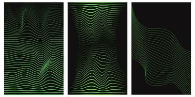 uppsättning av förvrängd mönster av grön neon rader på en svart bakgrund. abstrakt tekniskt fel bakgrund. retrovåg, ångvåg. syra grön, svart färger. mode retro 1980-talet, 90s stil. skriva ut, affisch, baner. vektor