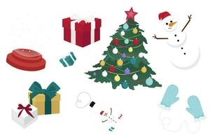 ny år, jul element i platt stil snögubbe, jul träd glas boll, vinter- snö boll, vantar, jul träd, gåvor vektor