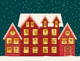Advent Kalender Vorlage. Weihnachten Haus mit Countdown Fenster. fröhlich Weihnachten Poster. Vektor Illustration.