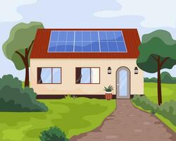 installerad sol- panel på de tak av en bostads- privat hus. sol- energi övergång begrepp. platt vektor illustration