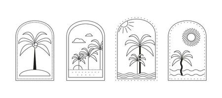 abstrakt Sommer- Logo Design Vorlage mit Palme Bäume, Meer, Sonne, Strand. modern minimalistisch Linie Symbole, Abzeichen oder Embleme einstellen zum Sozial Medien, Reise Agentur, tropisch Urlaub. Vektor Illustration