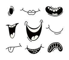 retro Karikatur Comic Stil Mund Satz. Hand gezeichnet Gekritzel öffnen Mund, lächeln, Schrei, Zunge, Lippen. schwarz und Weiß Jahrgang Emoji Symbole. Vektor Design Illustration