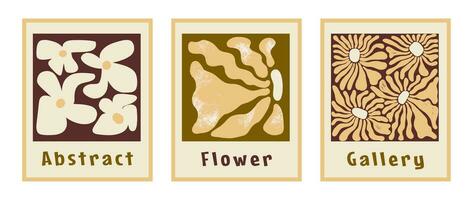 abstrakt retro blommor posters uppsättning. botanisk vägg konst med häftig skraj vår blommig blommar. årgång 1970-talet stil. vektor grafisk illustrationer i gul, grön, brun färger