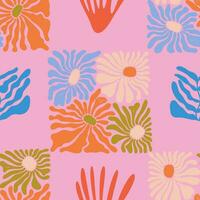 matisse inspiriert Blumen- nahtlos Muster. groovig funky Blumen im modisch retro Hippie 60er Jahre 70er Jahre Stil. Sommer- natürlich Mode drucken. Vektor wiederholen Hintergrund im Rosa, Blau, orange, Grün Farben