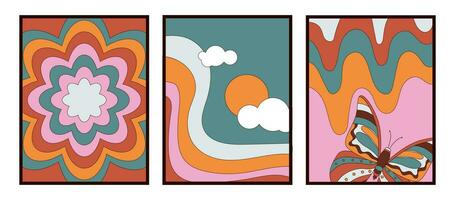 retro häftig 1970-talet stil posters uppsättning. abstrakt blomma, solnedgång, fjäril i blå, grön, orange, rosa färger. årgång psychedelic 70s mönster vägg konst. tecknad serie grafisk vektor illustration