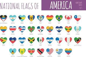 einstellen von 35 Herz geformt Flaggen von das Länder von Amerika. Symbol einstellen Vektor Illustration.