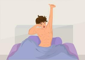 en man vaknar upp känsla Lycklig, stretching i säng, redo till vakna upp i de morgon. vektor illustration