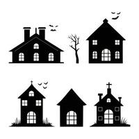 uppsättning av svart silhuett slott horisont med kapell hus träd och fladdermöss svart och vit vektor