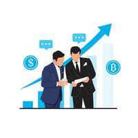 Geschäftsmann diskutieren Über Bitcoins. Vektor Illustration im eben Stil