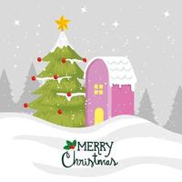 Frohe Weihnachten Poster mit Tannenbaum und Hausfassade vektor